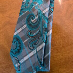 Paul Malone Men’s Silk Necktie – Teal & Gray Paisley Plaid
